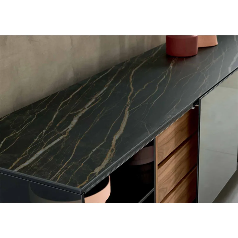 Woonkamer dressoir van gerookt glas met bronzen spiegeldeur Made in Italy - Silly Viadurini