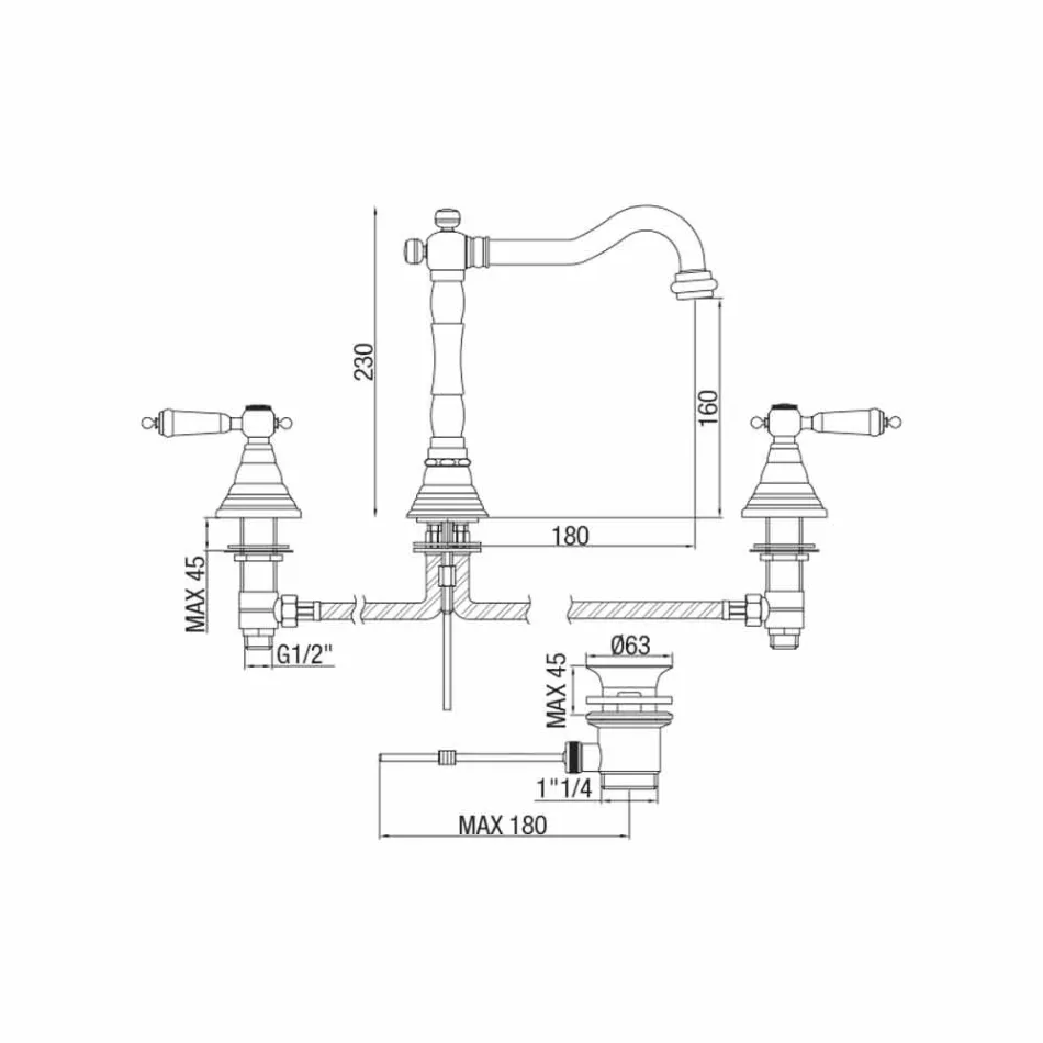 Klassieke 3-gats messing wastafelmengkraan Made in Italy - Shelly Viadurini