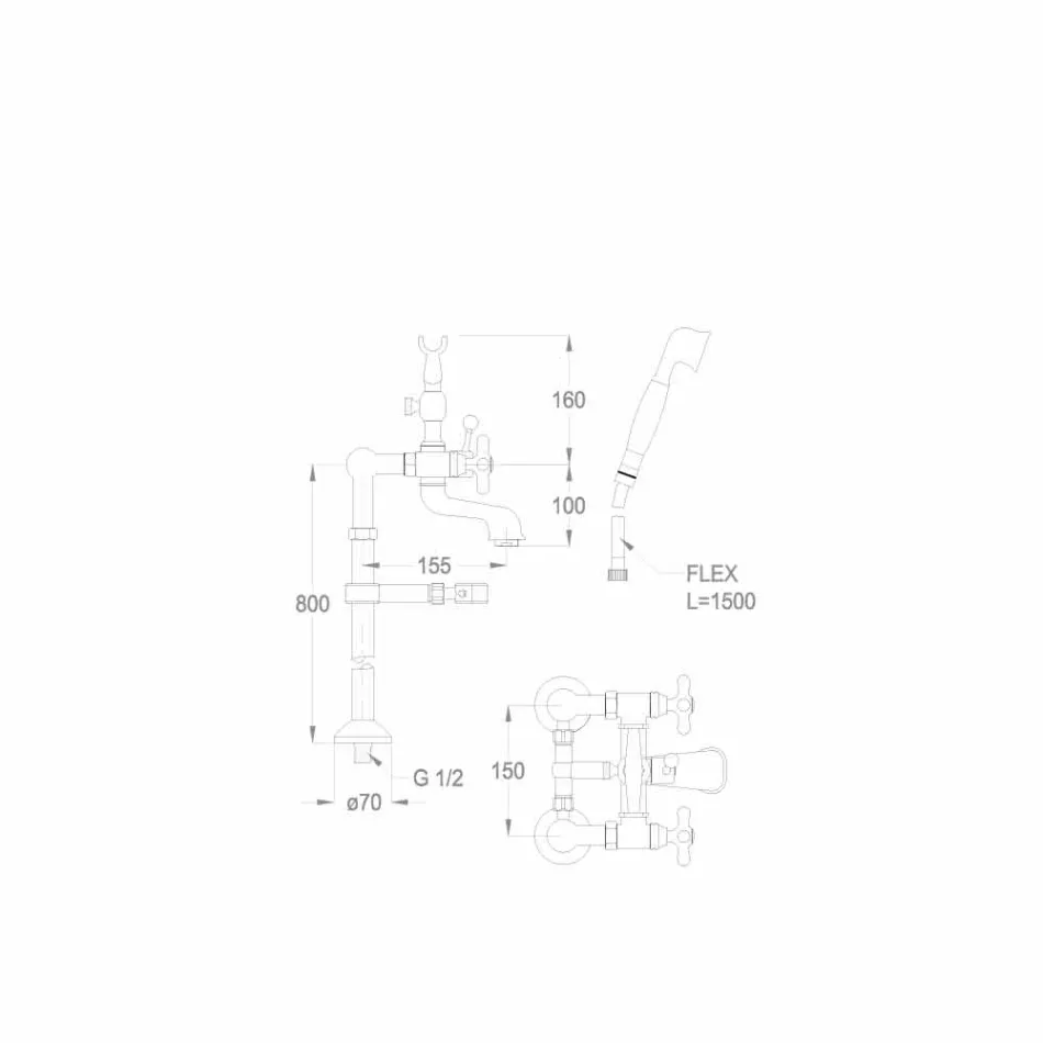 Klassieke mengkraan voor badkuip op de vloer in messing Made in Italy - Panico Viadurini