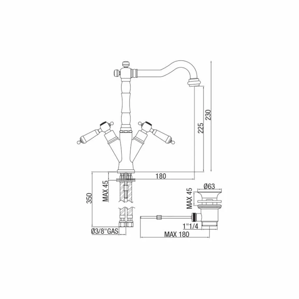 Eengatsmengkraan voor klassieke wastafel in messing Made in Italy - Shelly Viadurini