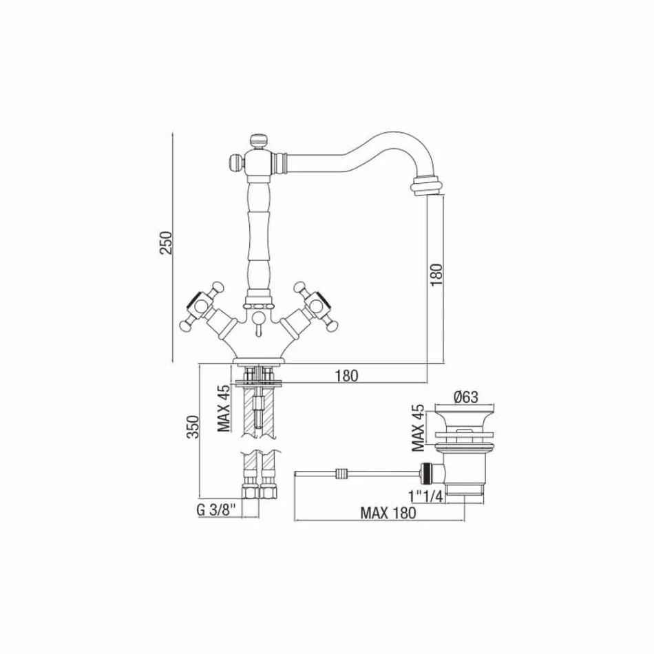 1-gats wastafelmengkraan in messing Klassiek design Made in Italy - Lisca Viadurini