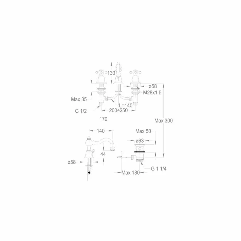 3-gats wastafelmengkraan 130 mm hoog in messing Made in Italy - Binsu Viadurini