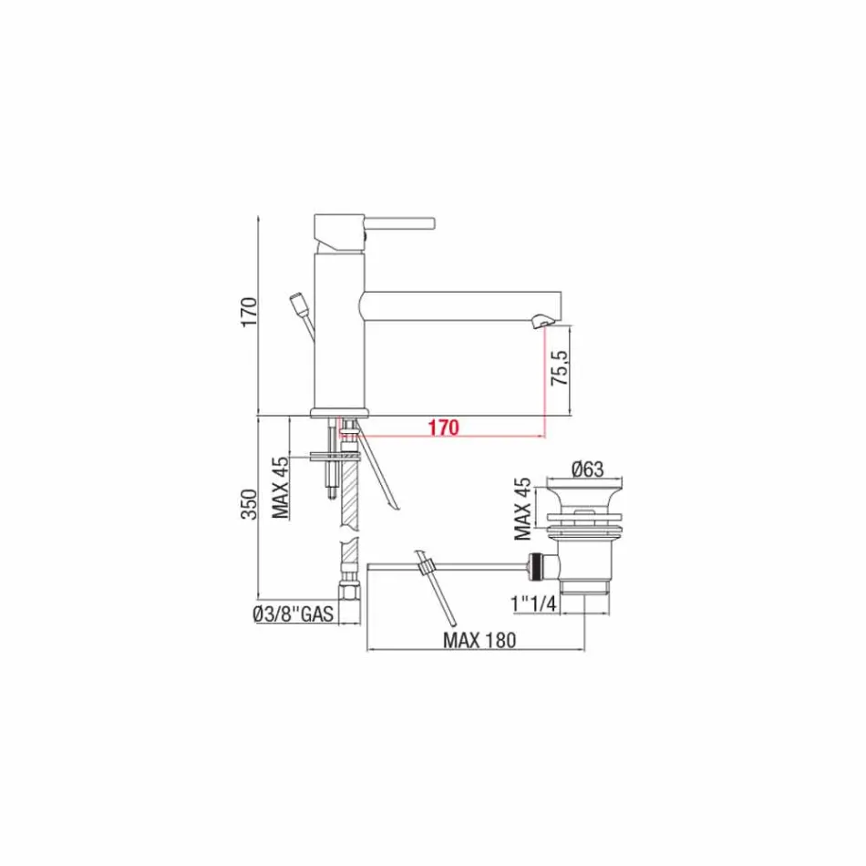 Wastafelmengkraan in verchroomd messing met afvoer gemaakt in Italië - Ermia Viadurini