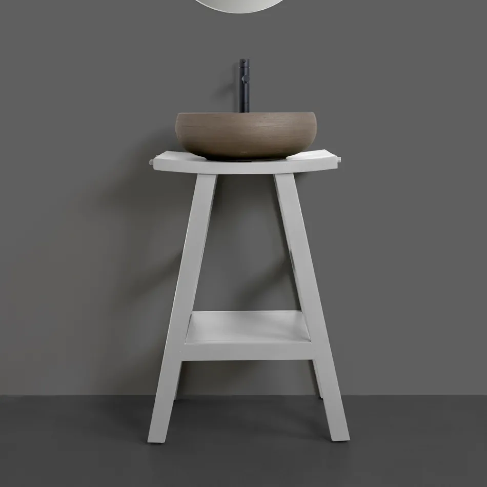 Badkamermeubels met houten afwerking en grijs halfgebogen blad - Raomi Viadurini