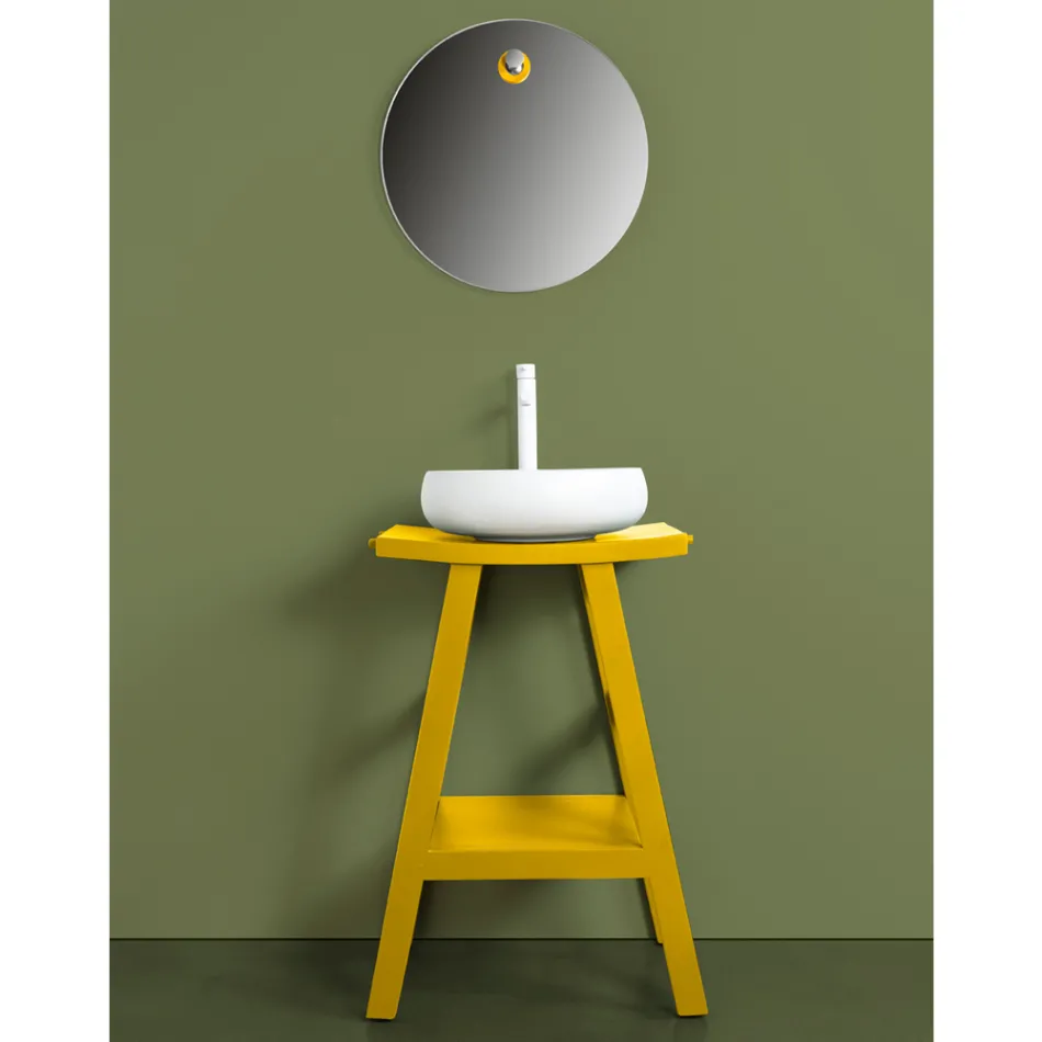 Badkamermeubels van teruggewonnen teak met gele halfgebogen bovenkant - Raomi Viadurini