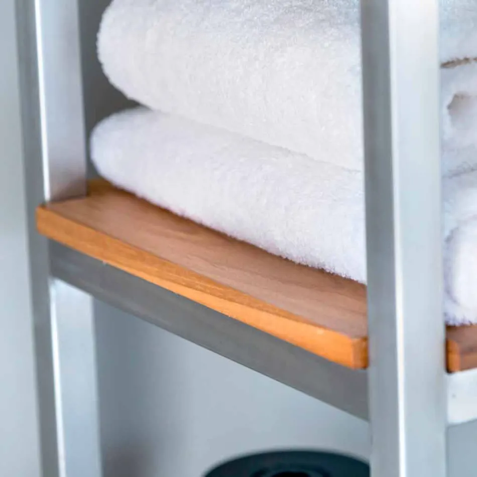 Kolom badkamerkast in teak en staal met 4 open planken - Tamburino Viadurini