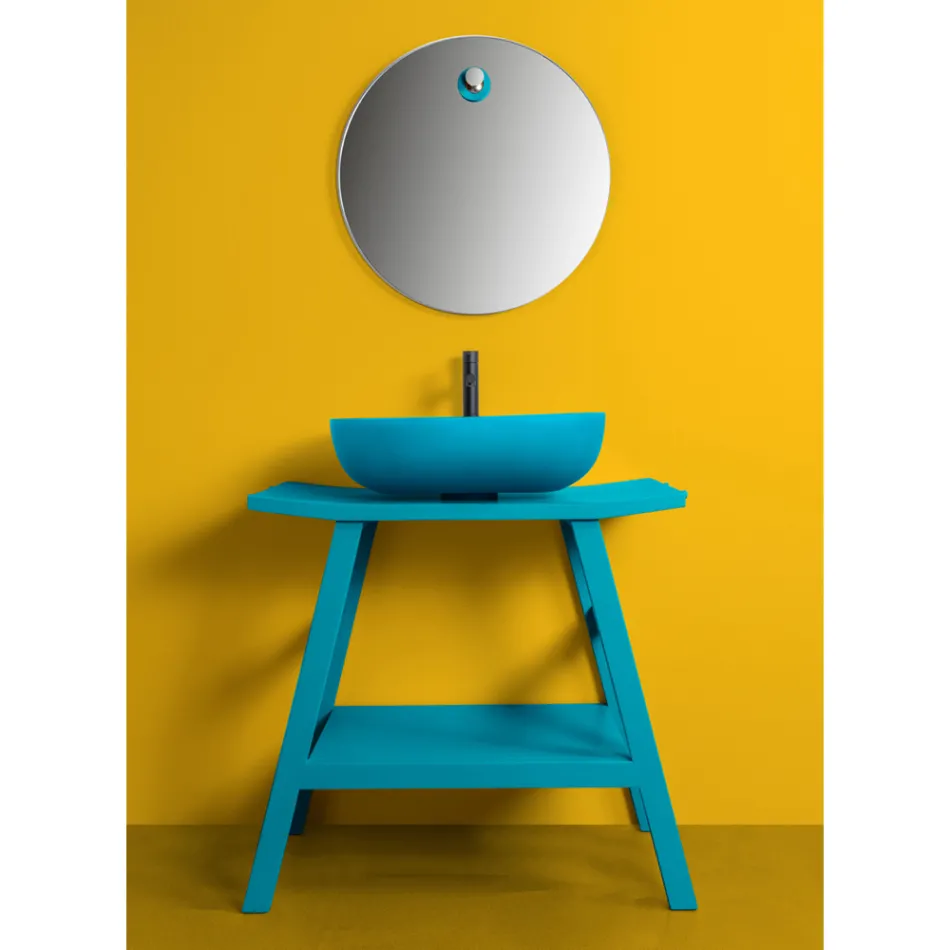 Blauwe teak staande badkamerkast en handige plank met half gebogen blad - Crina Viadurini