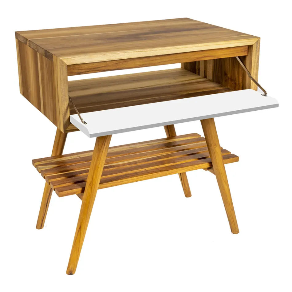 Badkamerkast op de vloer in teruggewonnen teak en wit steunblad - Gatien Viadurini