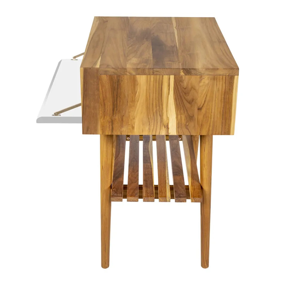 Badkamerkast op de vloer in teruggewonnen teak en wit steunblad - Gatien Viadurini