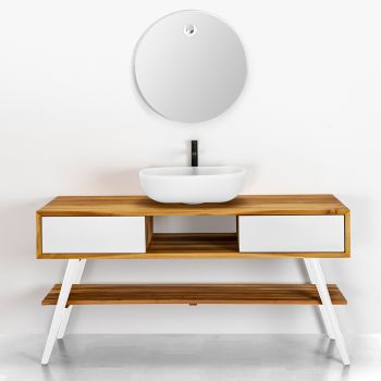 Modern design wit badkamermeubel in natuurlijk teak met witte lades - Hamadou