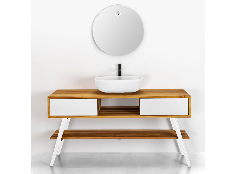 Modern design wit badkamermeubel in natuurlijk teak met witte lades - Hamadou Viadurini