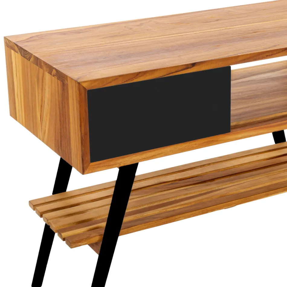 Moderne zwarte badkamerkast in natuurlijk teak met lades - Benoit Viadurini