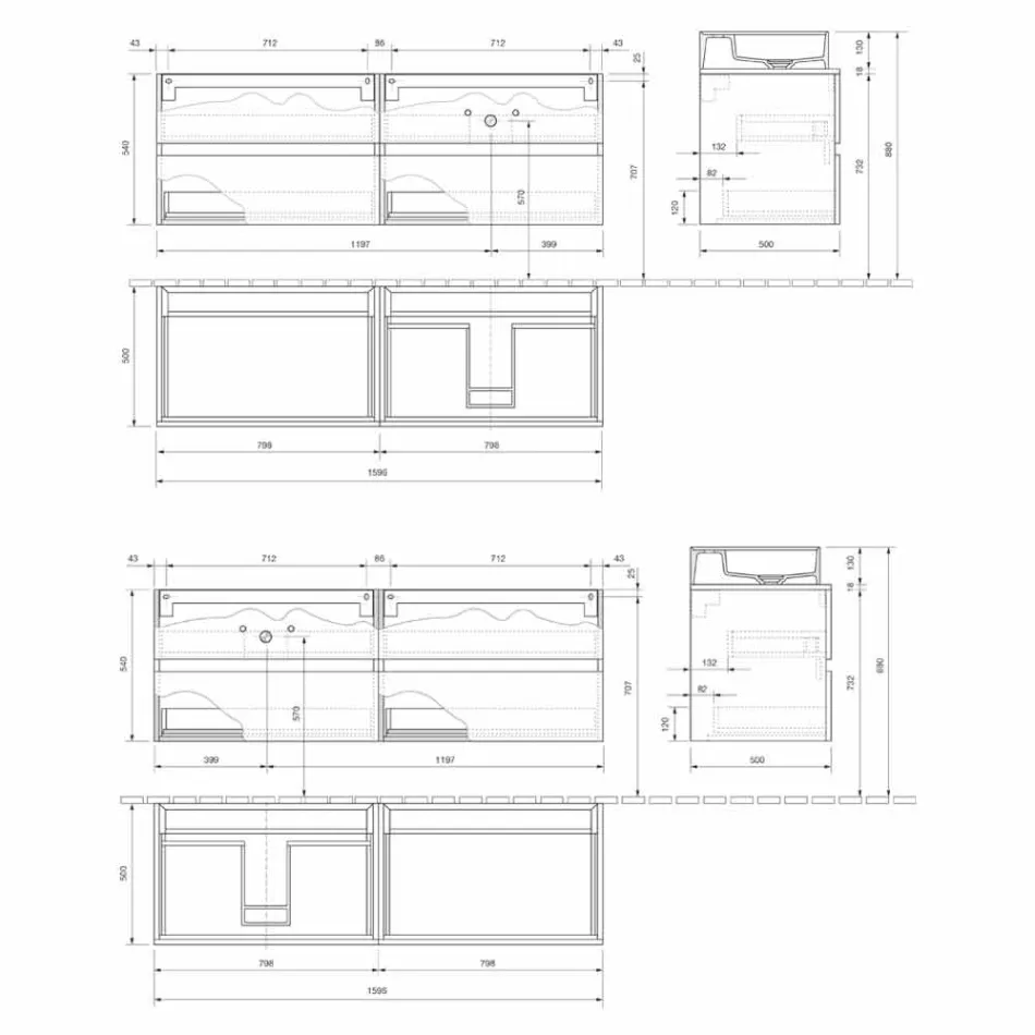 Modern design badkamermeubel met wastafel rechts of links in 4 afwerkingen - Alchimeo Viadurini