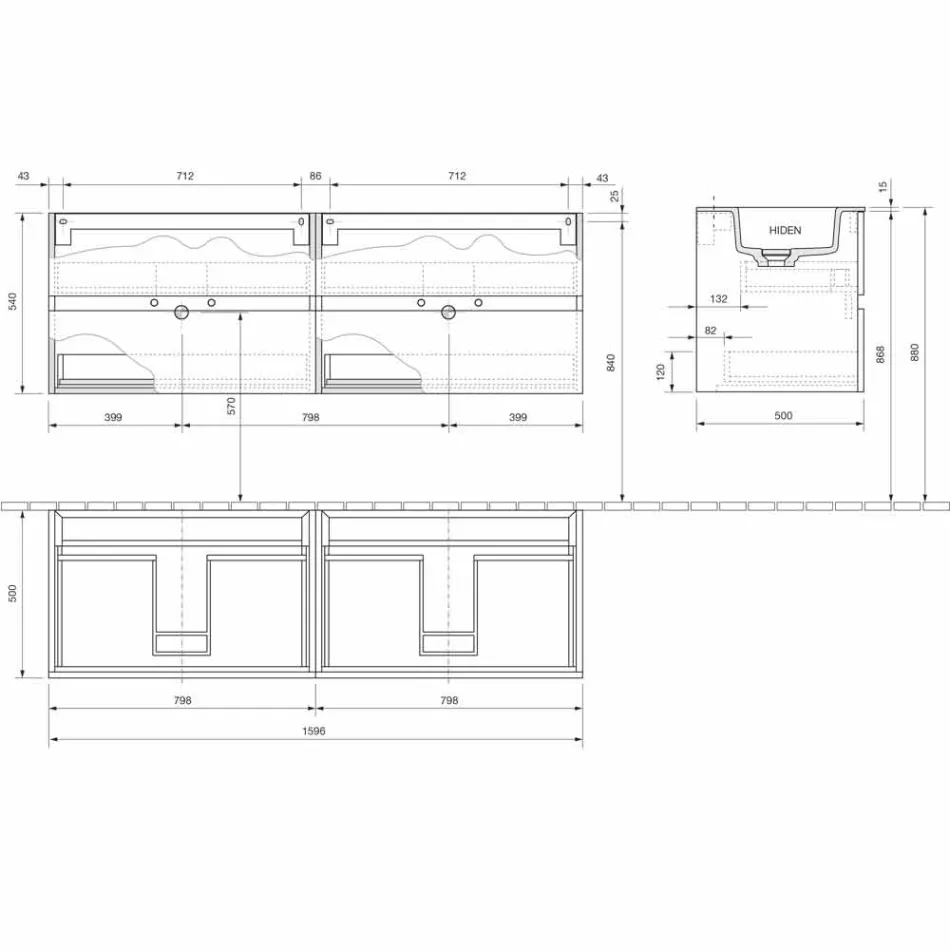 Badkamermeubel met dubbele wastafel, modern design opgehangen in 4 afwerkingen - Doublet Viadurini