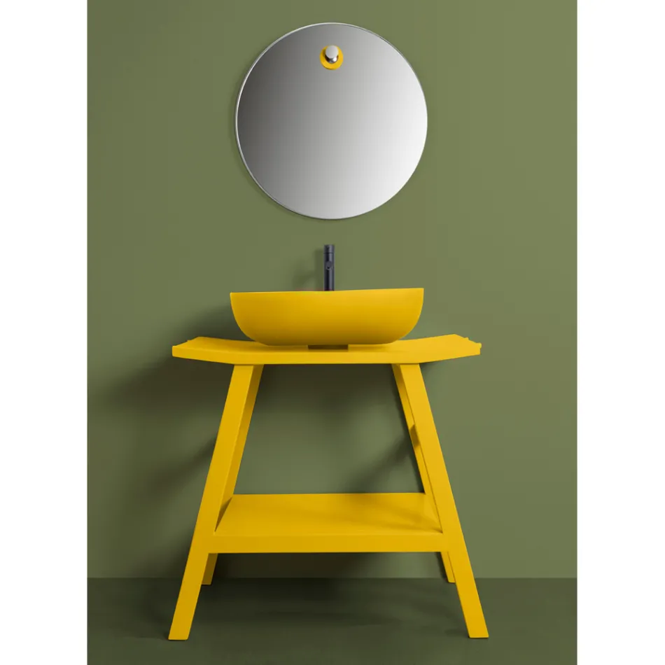 Geel teakhouten badkamermeubel met halfgebogen blad en handige plank - Crina Viadurini