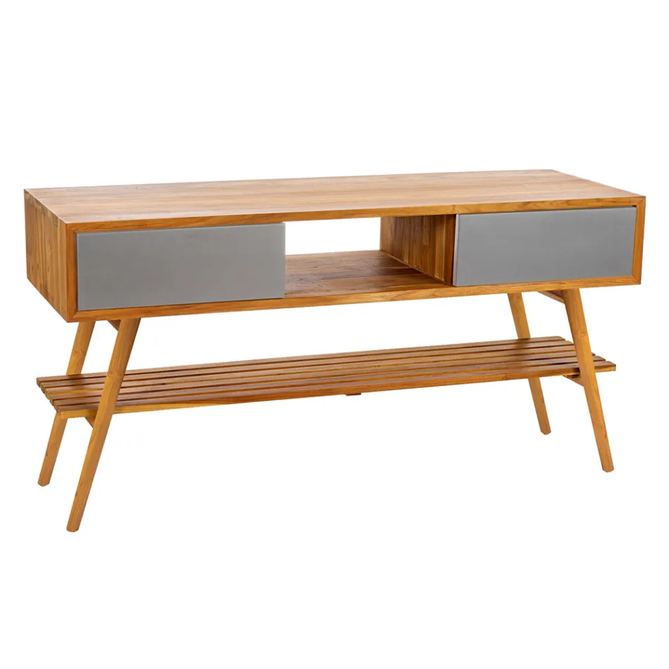 Badkamermeubel in naturel teak met matgrijze lade - Hamadou Viadurini