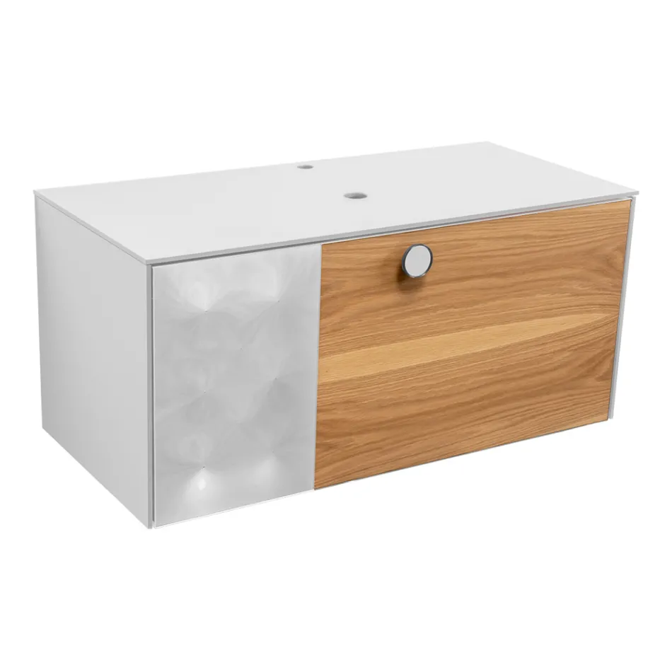 100 cm wandcloset voor de badkamer in 8 mm gehard glas en Europees eikenhout - Excelsior Viadurini