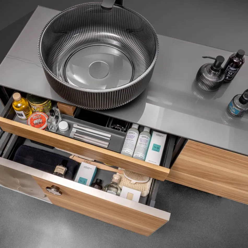 160 cm wandcloset in 8 mm gehard glas en Europees eikenhout - Excelsior Viadurini