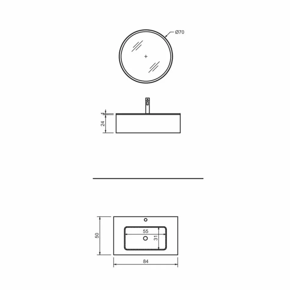 Hangende badkamerkast met lade en geïntegreerde wastafel en ronde spiegel - Renga Viadurini