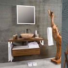 Hangend badkamermeubel in teak met handdoekhouder in Hi Macs® wit - Saverno Viadurini