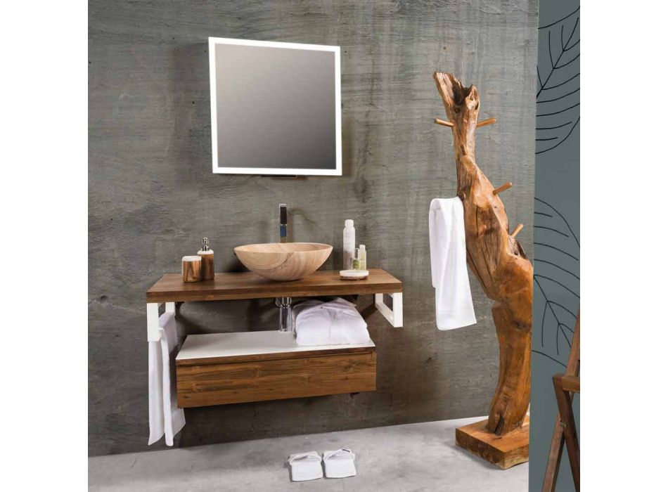 Hangend badkamermeubel in teak met handdoekhouder in Hi Macs® wit - Saverno Viadurini