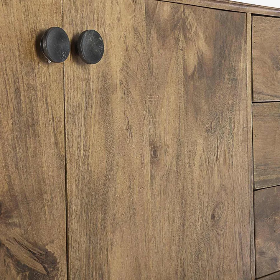 Verrijdbaar dressoir 2 deuren 3 laden in vintage mangohout - Desiderio Viadurini