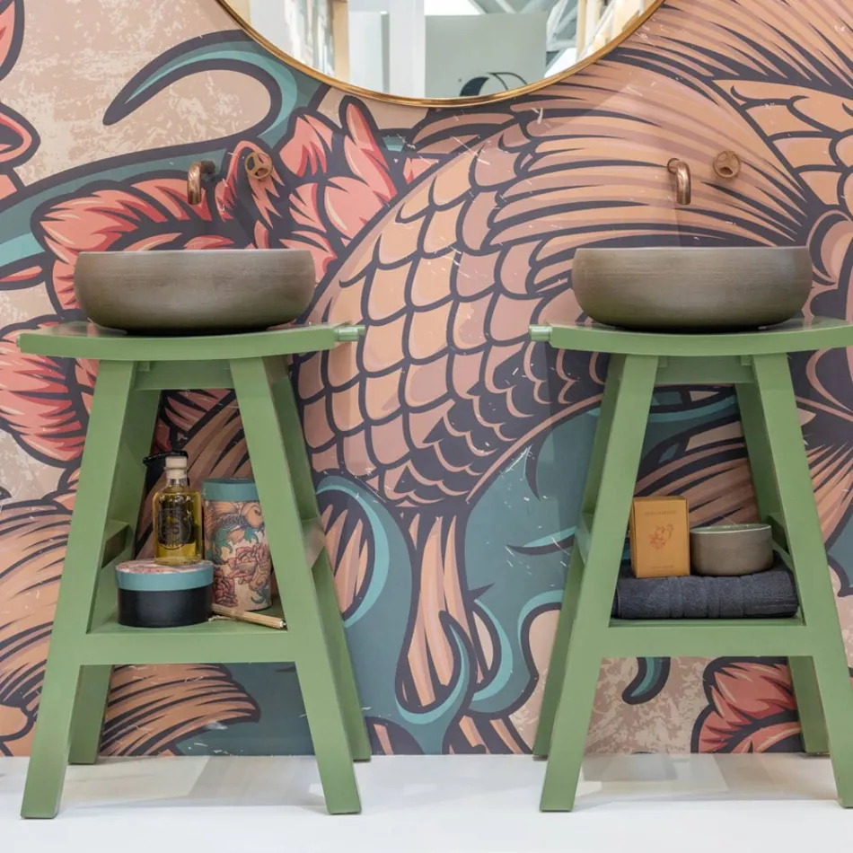 Vrijstaande badkamerkast met teakhouten afwerking en grote groene plank - Raomi Viadurini