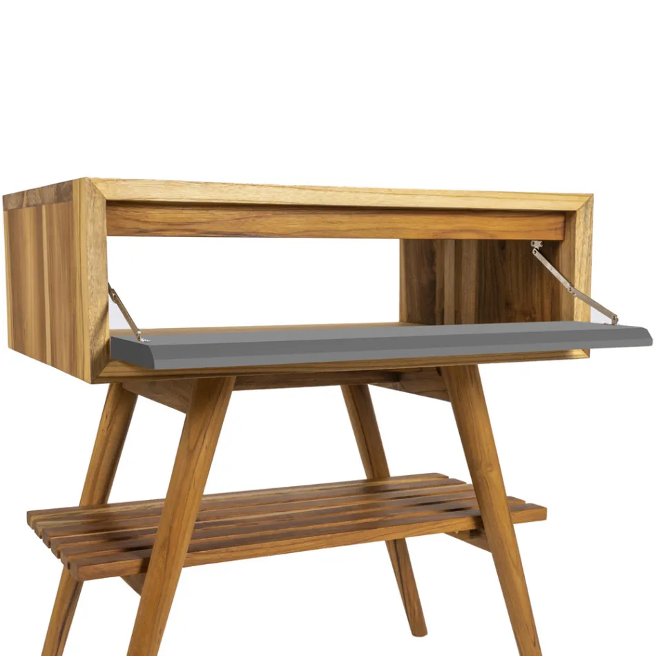 Vrijstaande badkamerkast in natuurlijk teakhout met grijze kleurondersteuning - Gatien Viadurini