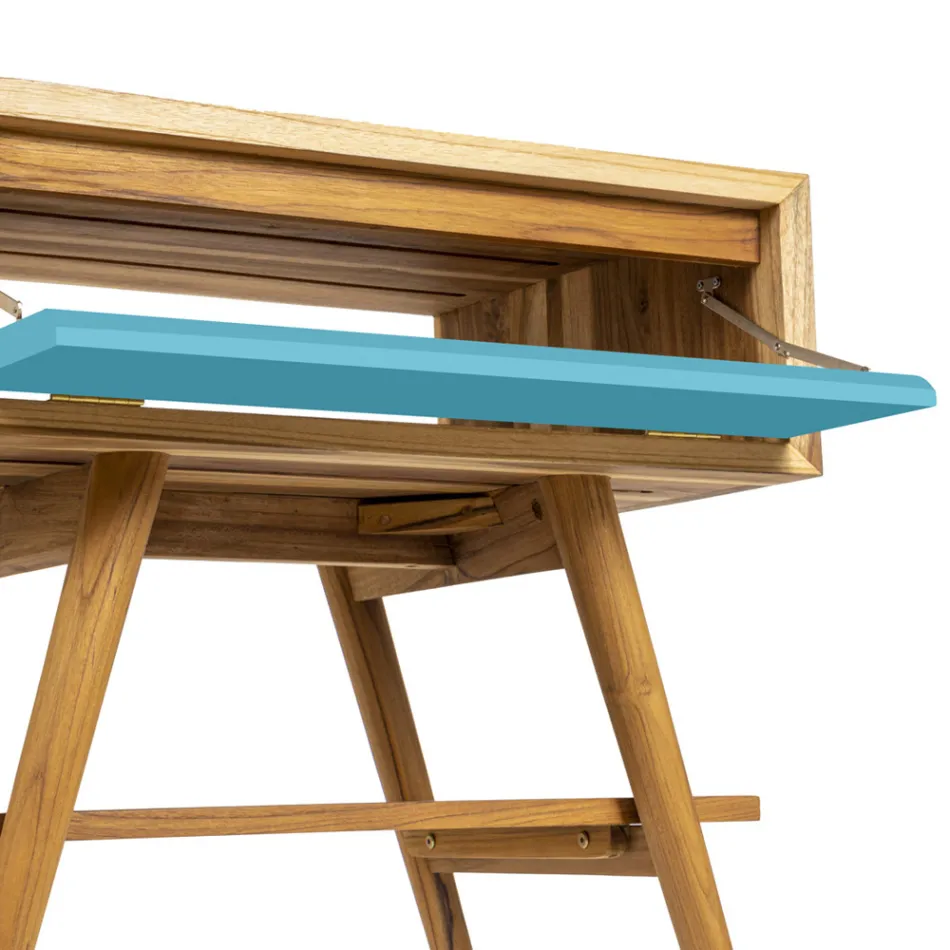 Staande blauwe badkamerkast in natuurlijk teak met gekleurde lade - Gatien Viadurini