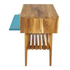 Staande blauwe badkamerkast in natuurlijk teak met gekleurde lade - Gatien Viadurini