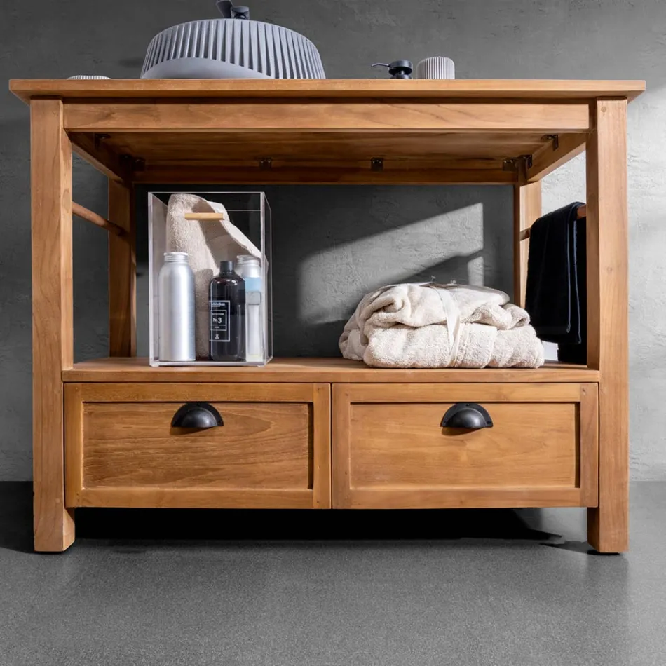 Vrijstaand badkamermeubel van teakhout met twee lades - Frangipani Viadurini