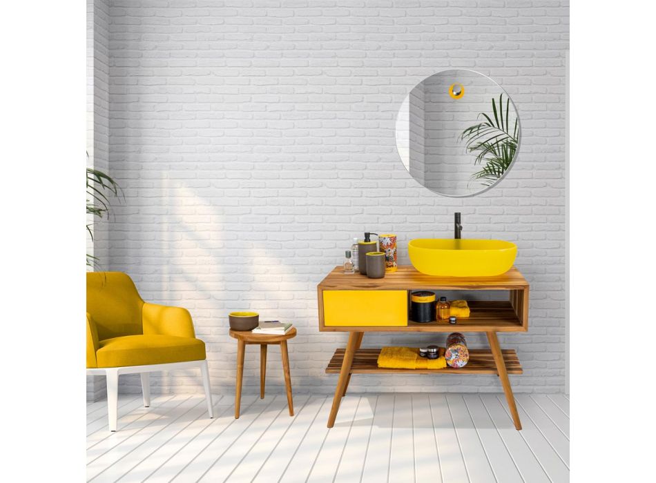 Moderne gele badkamerkast met grote plank en ladekast - Benoit