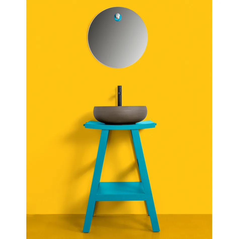 Teakhouten badkamermeubel met halfgebogen blad en handige blauwe plank - Raomi Viadurini