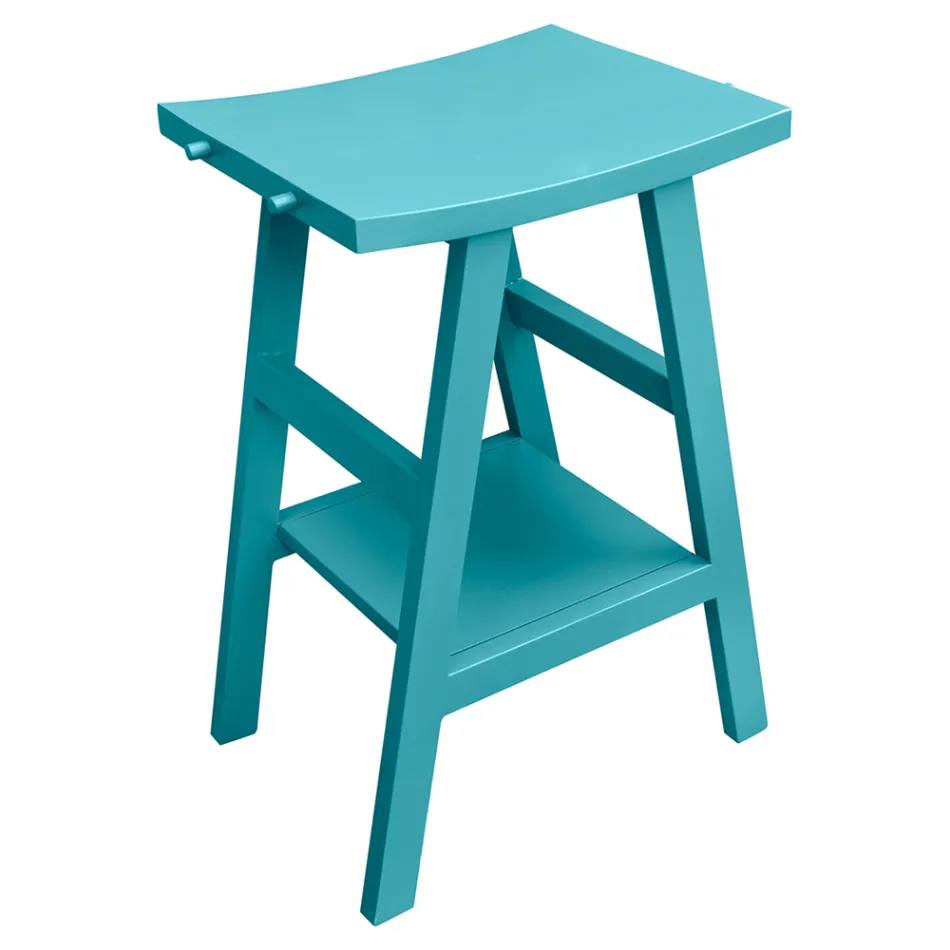 Teakhouten badkamermeubel met halfgebogen blad en handige blauwe plank - Raomi Viadurini