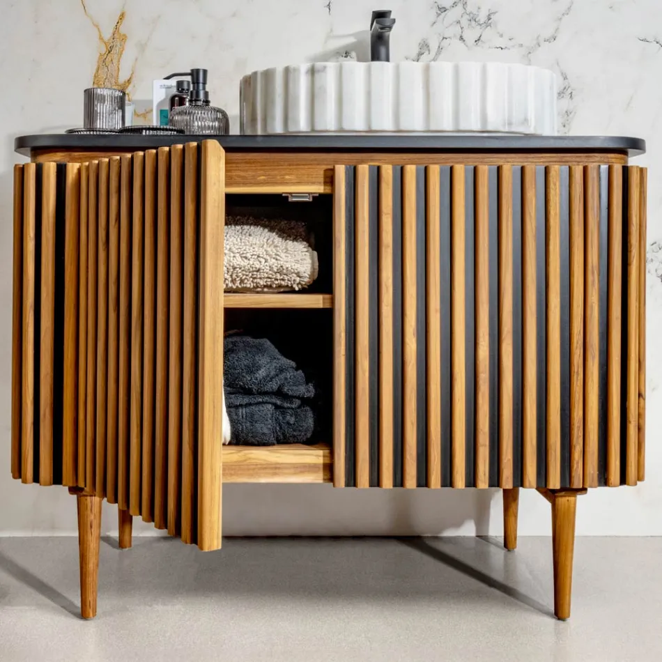 Handgemaakt badkamermeubel van massief teak en mahonie - Heliconia Viadurini