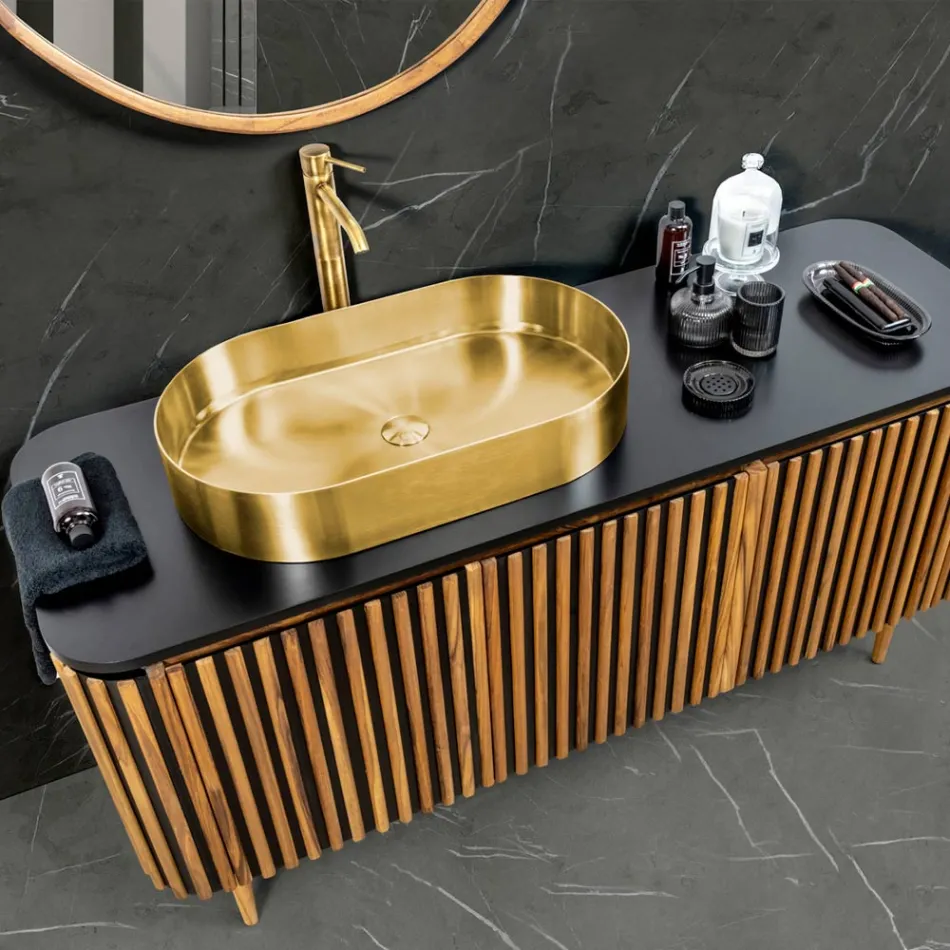 Handgemaakt badkamermeubel van massief teak en mahonie - Heliconia Viadurini