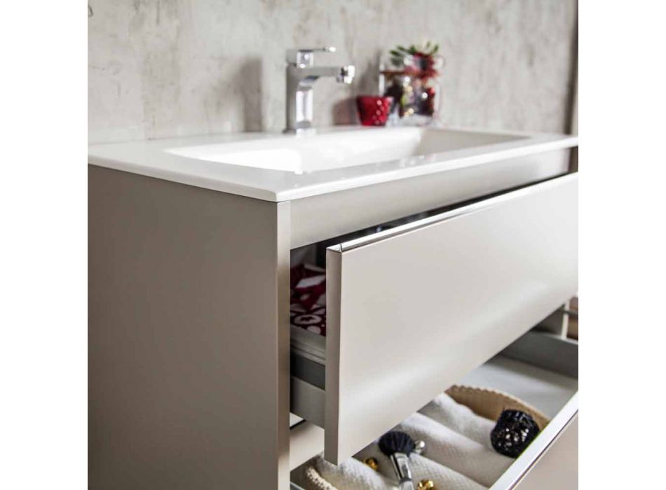 Duifgrijze badkamerwastafel in hout en hars met designspiegel - Alfonso Viadurini