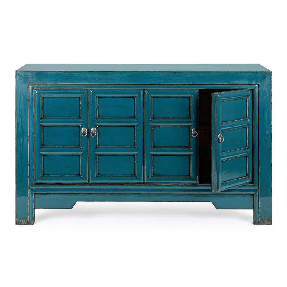 Verrijdbaar dressoir 4 deuren in blauw iepenhout Vintage design Homemotion - Konan Viadurini