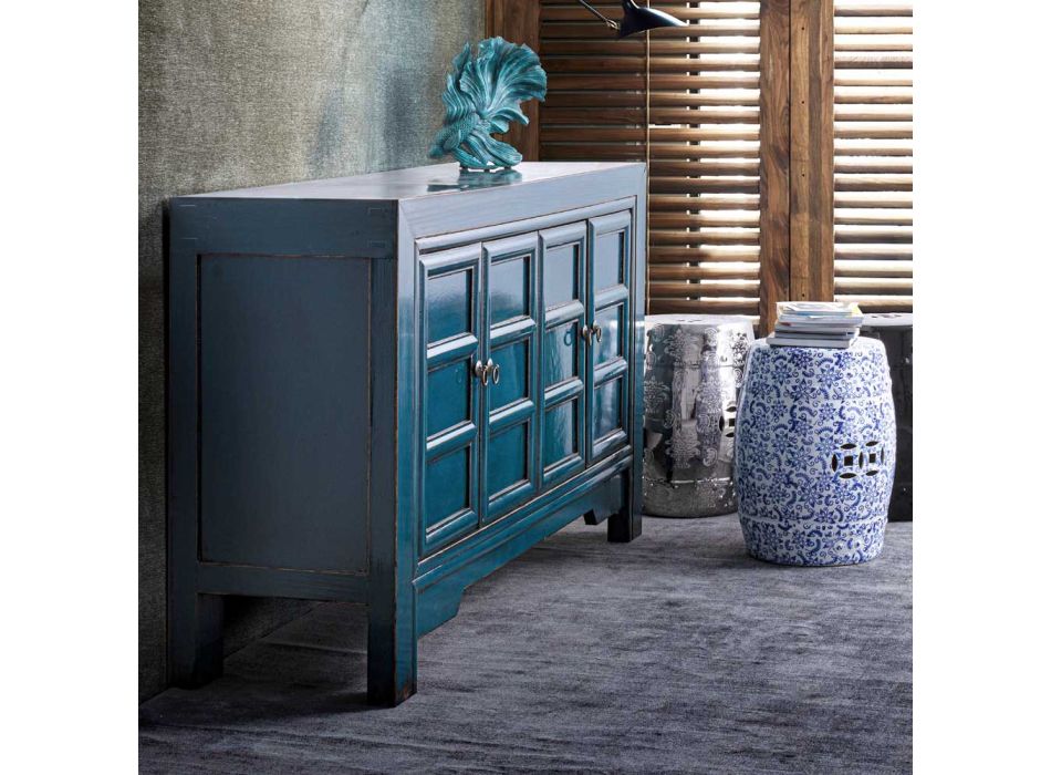 Verrijdbaar dressoir 4 deuren in blauw iepenhout Vintage design Homemotion - Konan Viadurini