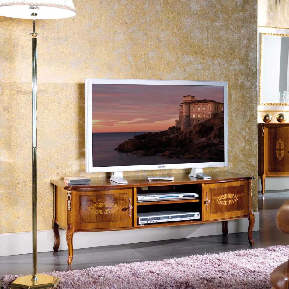 Klassiek houten tv-meubel met inlegwerk Made in Italy - Katerine Viadurini