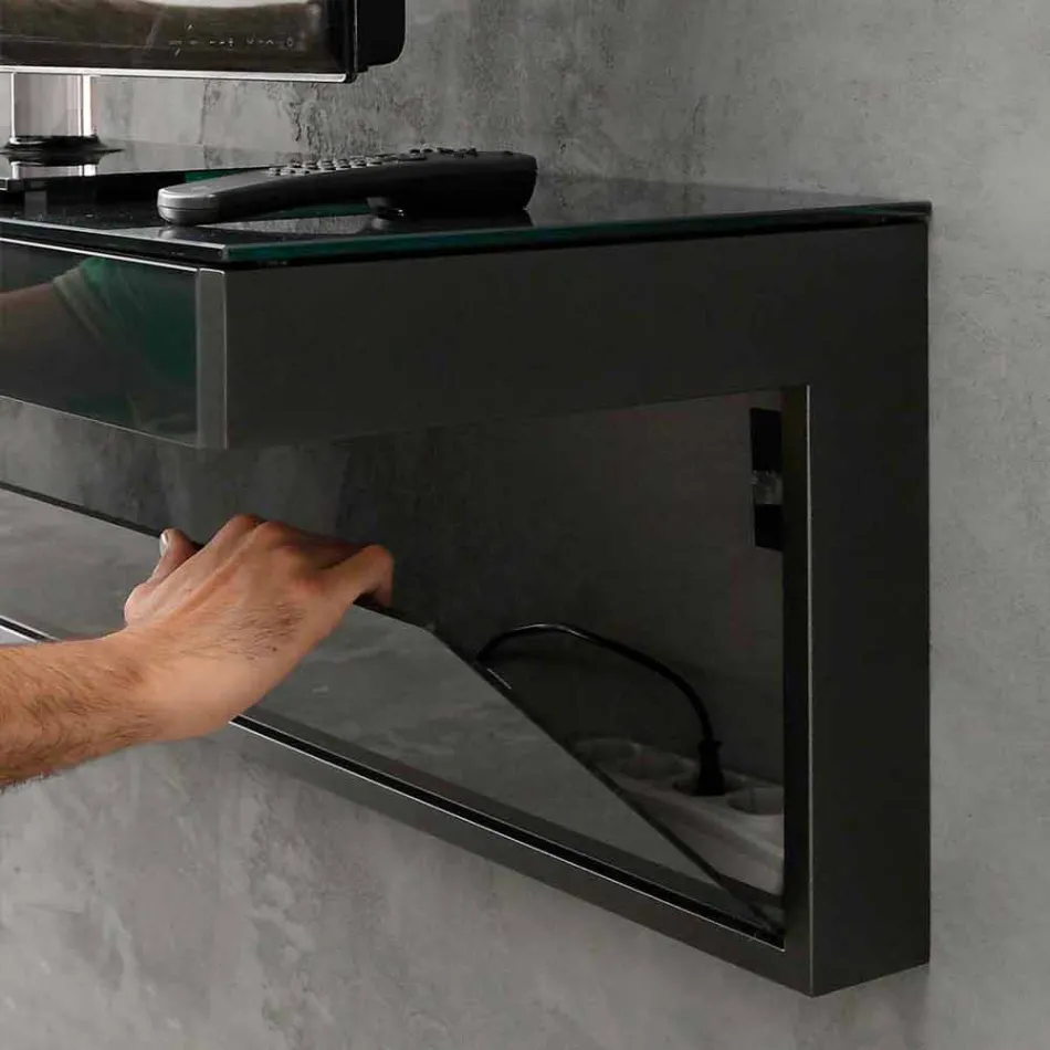 Wand tv-meubel in zwart kristal en metaal Made in Italy - Americio Viadurini