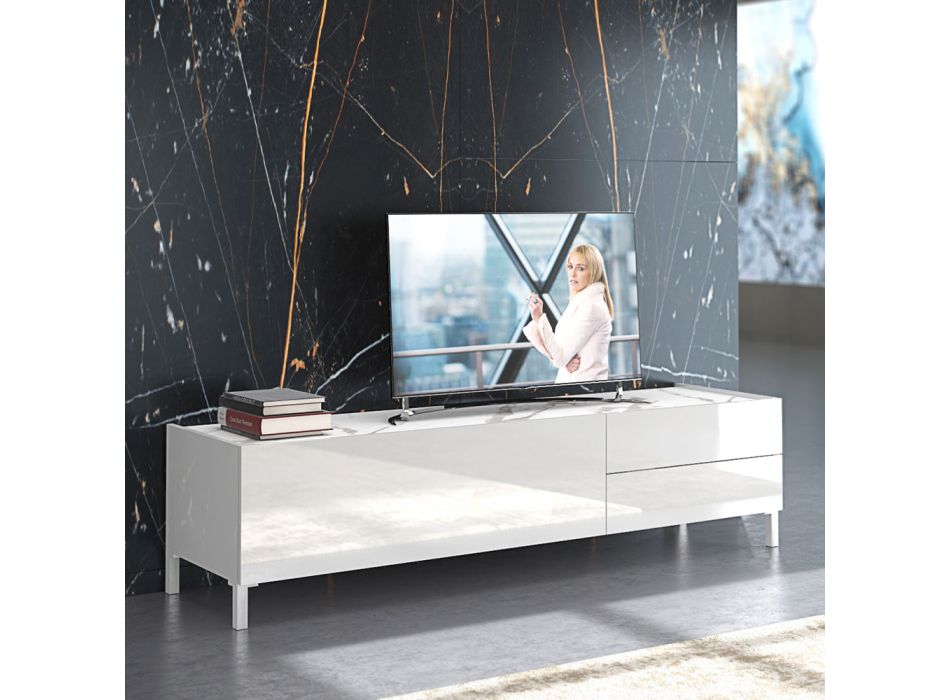 Houten TV-meubel met 1 deur en 2 lades - Tantalo Viadurini