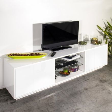 Melamine tv-meubel met 2 glazen planken Made in Italy - Norman Viadurini