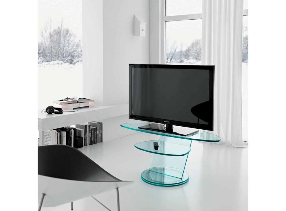 Glazen tv-meubel met draaibare voet en 2 afmetingen plank - Salemme Viadurini