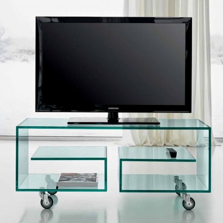 Multifunctioneel tv-meubel in de woonkamer van transparant glas met wielen - Birintolo Viadurini