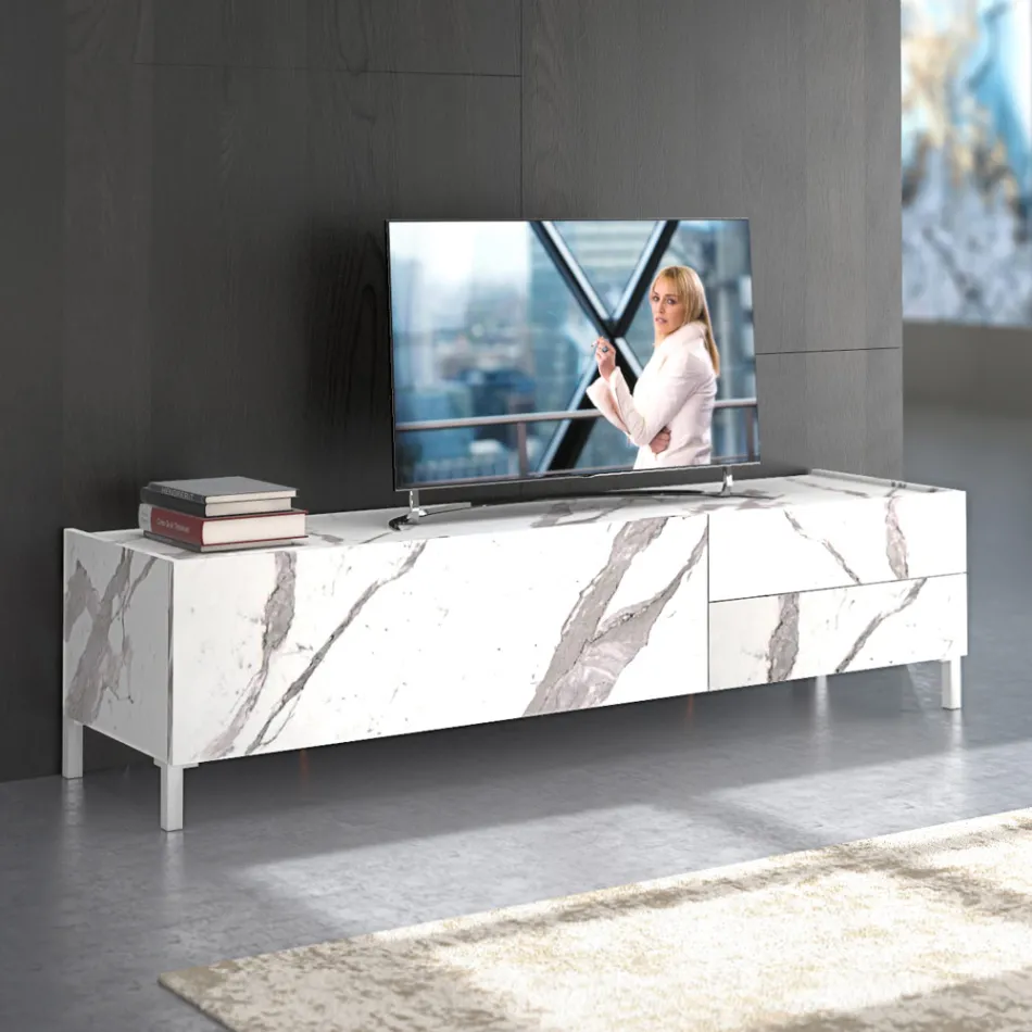 TV-standaard bedekt met melamine-marmeren afwerking Made in Italy - zink Viadurini