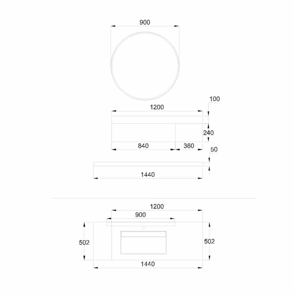 Hangende badkamermeubels Koperen wastafelbasis, 2 lades, plank en spiegel - Renga Viadurini