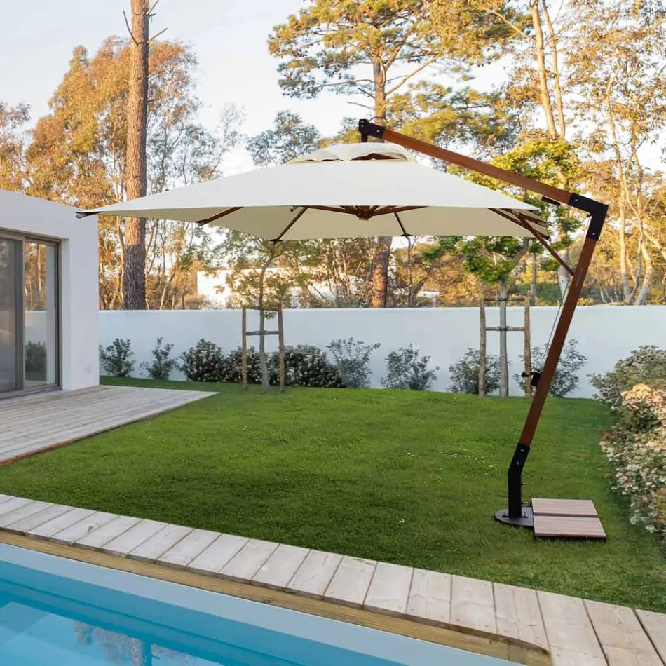 Buitenparaplu van hout en ecru polyester 3x4, Homemotion - Passmore Viadurini