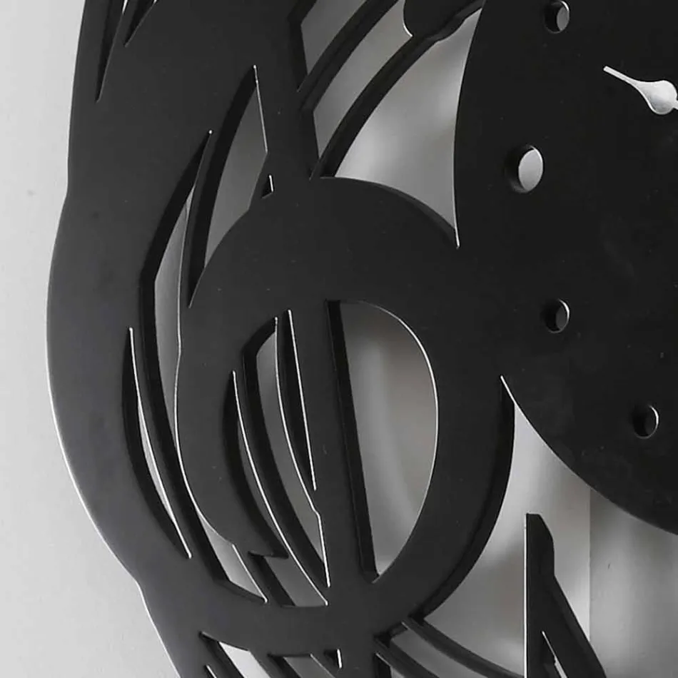 Modern Design Ronde Zwarte Wandklok in Versierd Hout - Muziek Viadurini