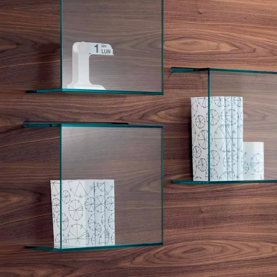 Wandpaneel in Canaletto walnoothout en glazen planken 2 maten - Basil Viadurini